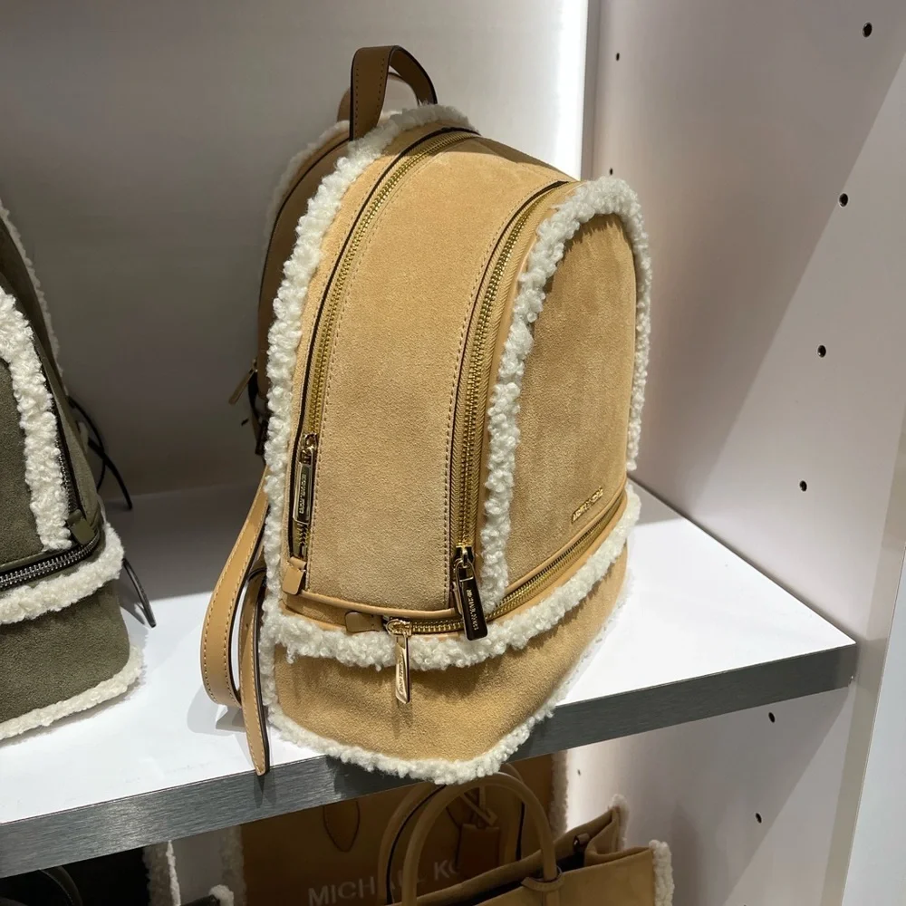 MICHAEL KORS Rhea Medium Suede and Faux Shearling Backpack Peanut  NWT